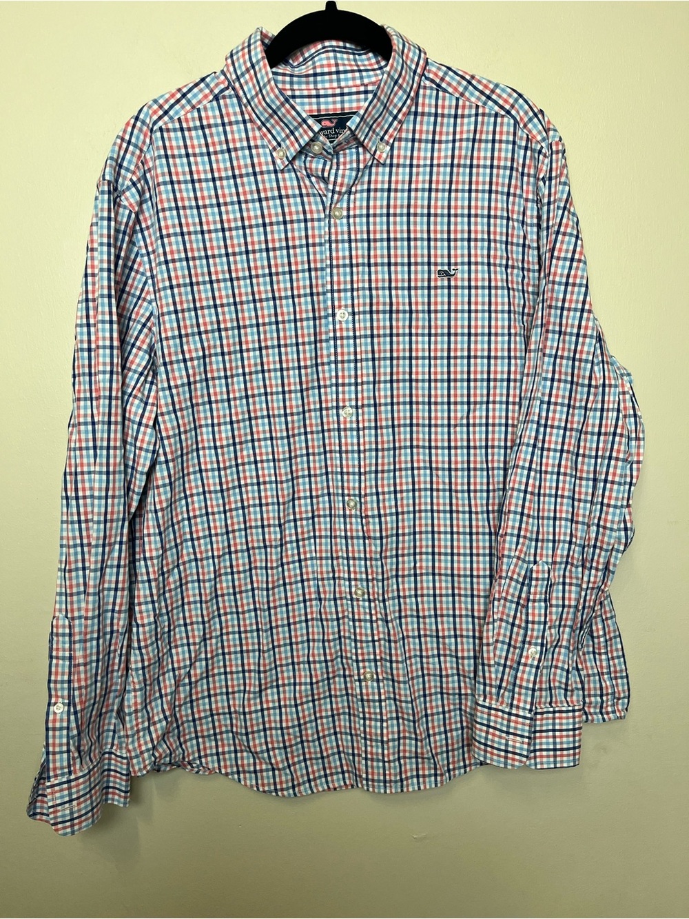 Vineyard Vines Men's Classic Button-Down Red & Blue Plaid Whale Shirt